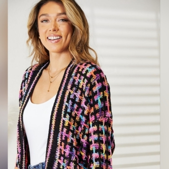 Boho Fringe Long Knit Cardigan Duster Multicolor Cozy Festival Sweater - Picture 8 of 9